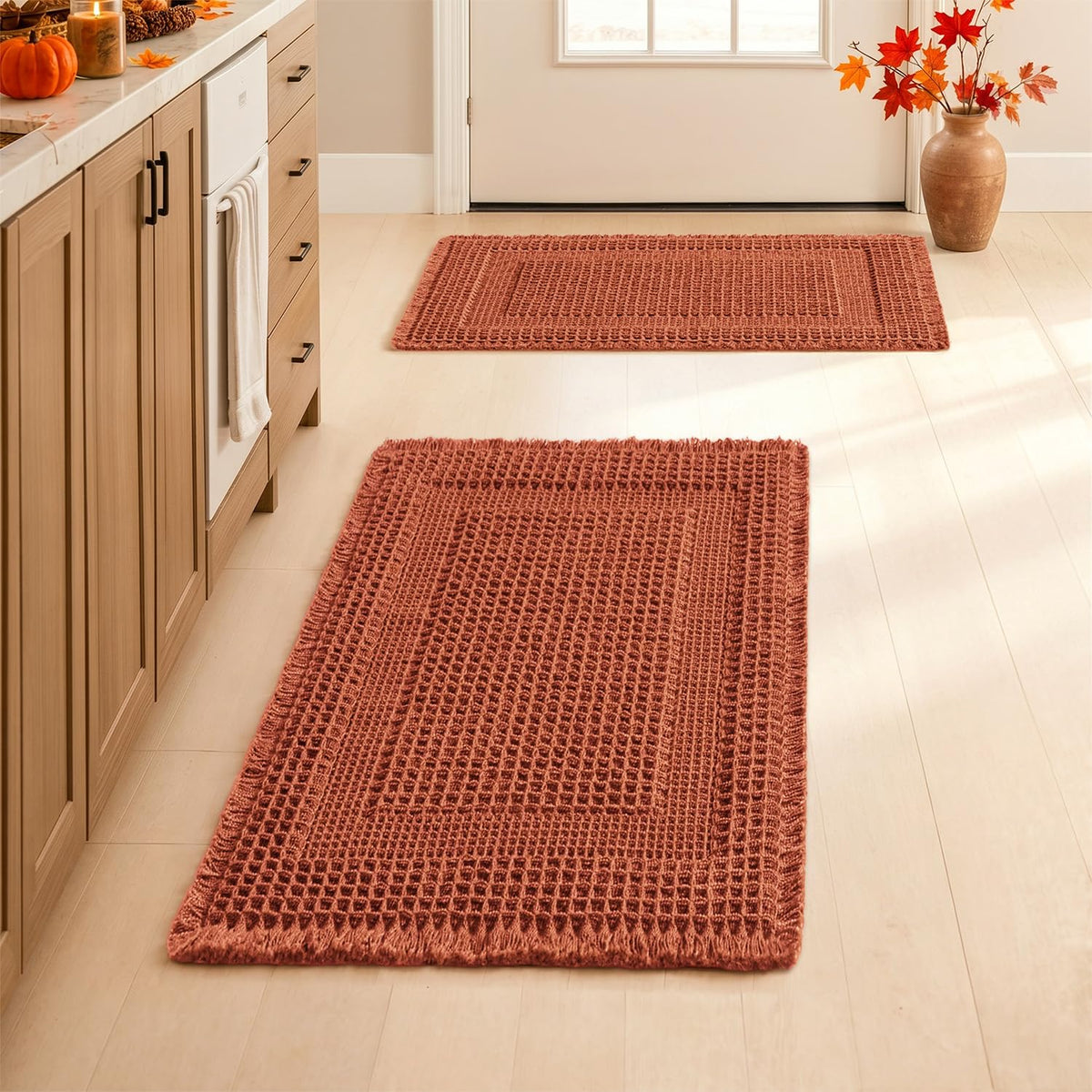 MIULEE Set of 2 Waffle Bathroom Rugs Brown Boho Bath Mat 17x24+18x30 in