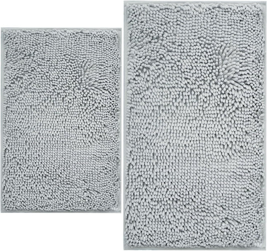 BOANKODU Bathroom Rugs Sets 2 Piece, Extra Soft Chenille Bath Mat Absorbent Bathroom Rug, Bathroom Mat with PVC Non-Slip Bottom, Machine Washable Bath Rugs (32x20 Inch + 24x16 Inch, Light Grey)