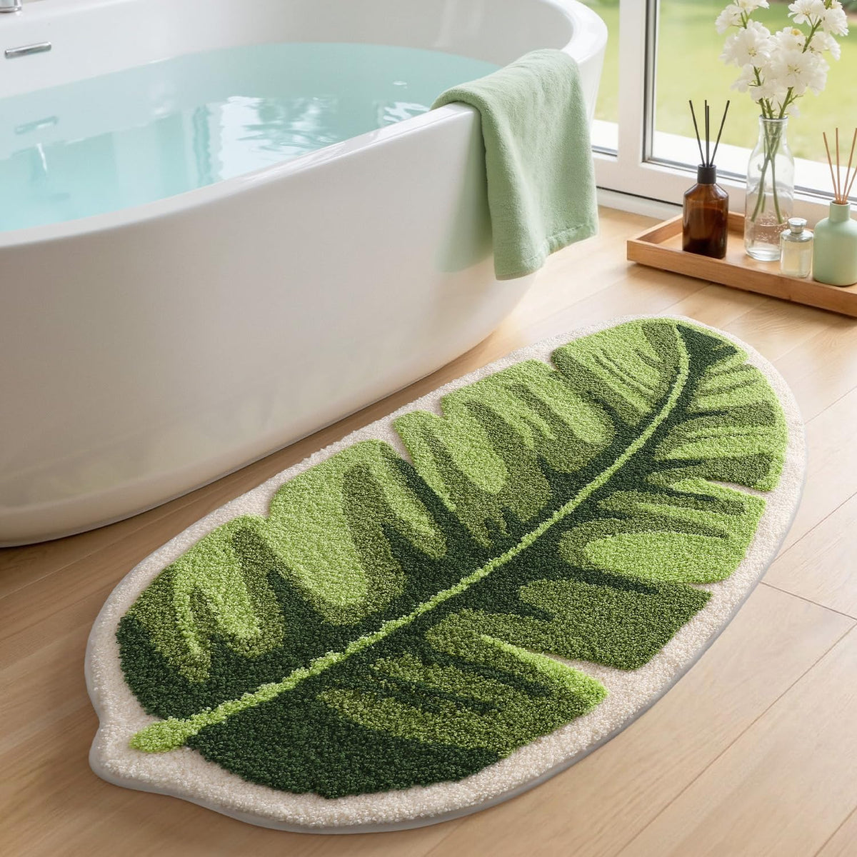LUMI Bathroom Rug Green Leaf, Absorbent Non Slip Bath Mat, 31.5"x47"