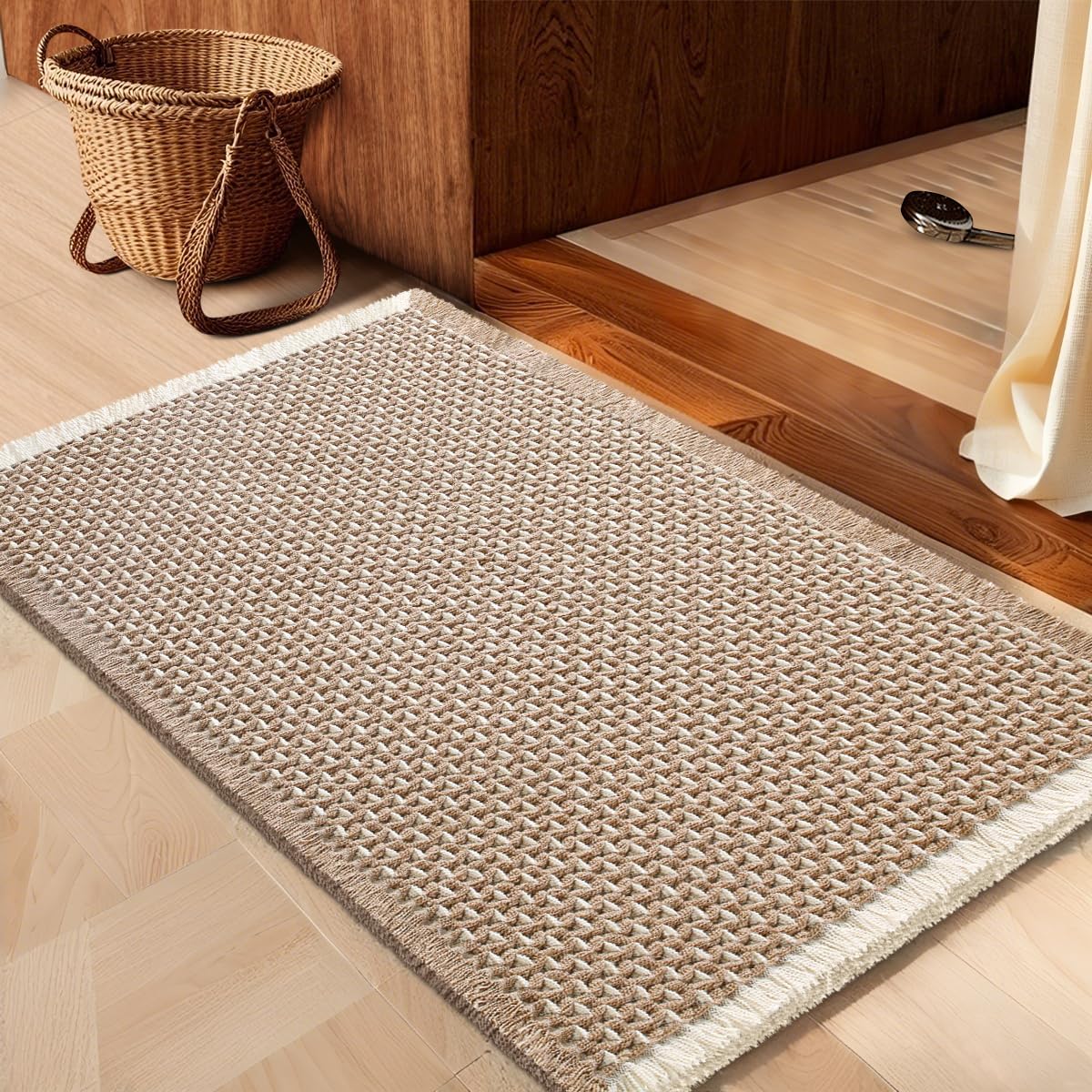 IM HOME Waffle Bath Mat Set 2 Piece Olive Green,Woven Modern Bath Rug Mats, Absorbent Non Slip Bath Floor Mat, Soft Washable Boho Bath Rugs with Tassels for Bathroom, Bedroom, Kitchen,Tub