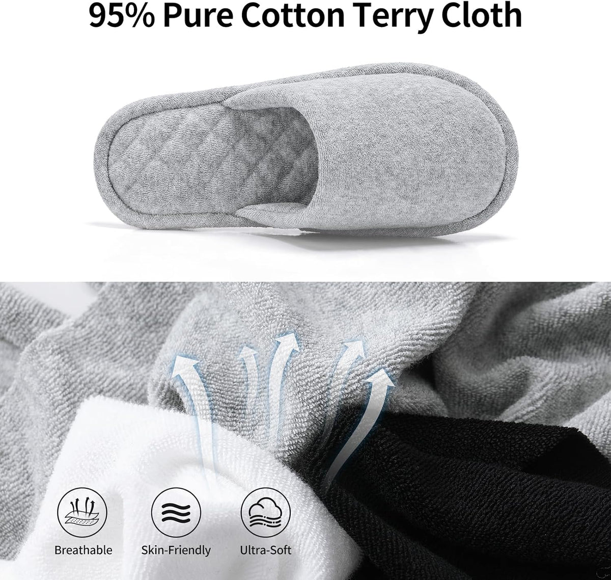 3 Pairs Closed-Toe Cotton Terry House Slippers, Comfortable Washable Indoor Slippers for Women, Portable Foldable for Guest, Travel, Hotel and Spa