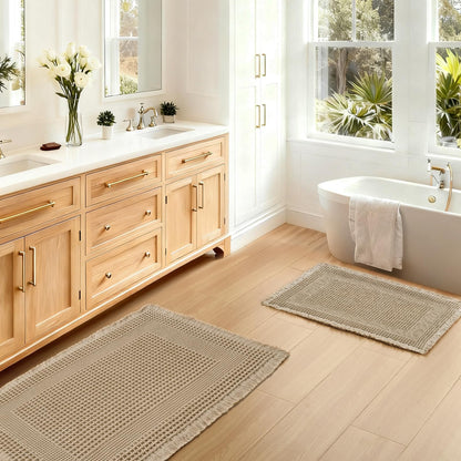 JIUZHEN Set of 2 Waffle Bath Mats Boho Bath Rugs 16"x24"+20"x32", Brown