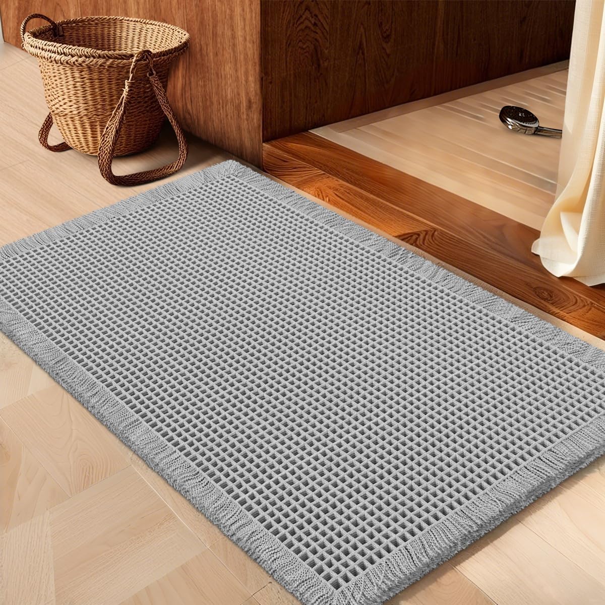 IM HOME Waffle Bath Mat Set 2 Piece Olive Green,Woven Modern Bath Rug Mats, Absorbent Non Slip Bath Floor Mat, Soft Washable Boho Bath Rugs with Tassels for Bathroom, Bedroom, Kitchen,Tub