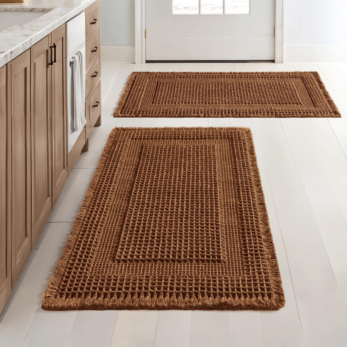 MIULEE Set of 2 Waffle Bathroom Rugs Brown Boho Bath Mat 17x24+18x30 in