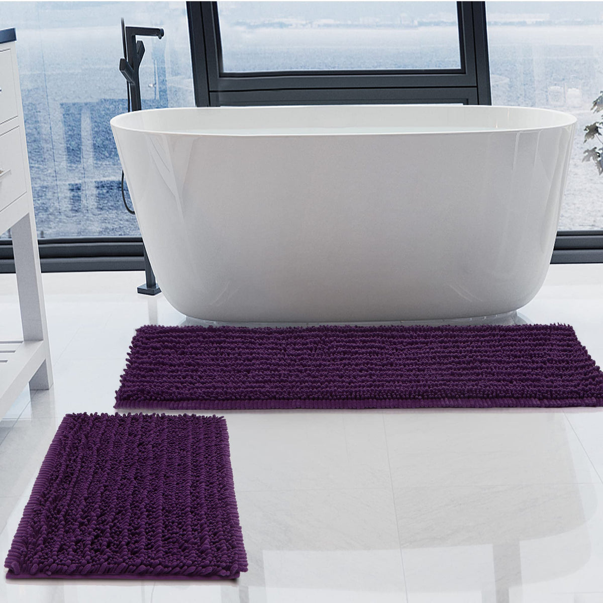 Luxury Chenille White Bathroom Rugs Sets 2 Piece, Thickened Hot Melt Rubber Bottom Bath Mats for Bathroom Non Slip,Bath Rugs Quick Dry Machine Washable for Shower Mat (32"x20"+17"x24")