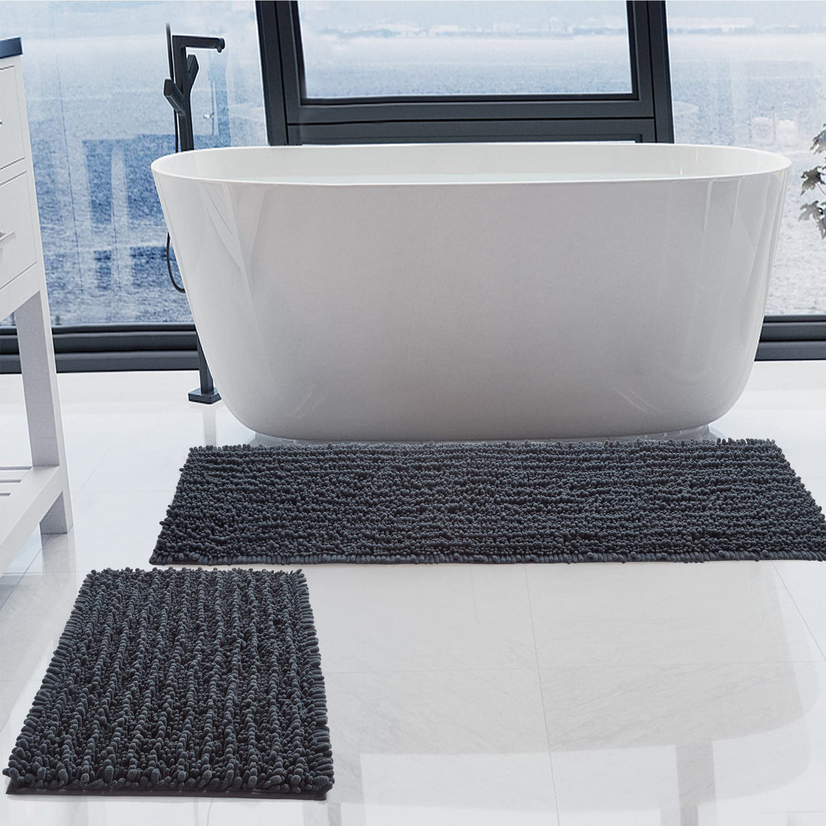 Luxury Chenille White Bathroom Rugs Sets 2 Piece, Thickened Hot Melt Rubber Bottom Bath Mats for Bathroom Non Slip,Bath Rugs Quick Dry Machine Washable for Shower Mat (32"x20"+17"x24")