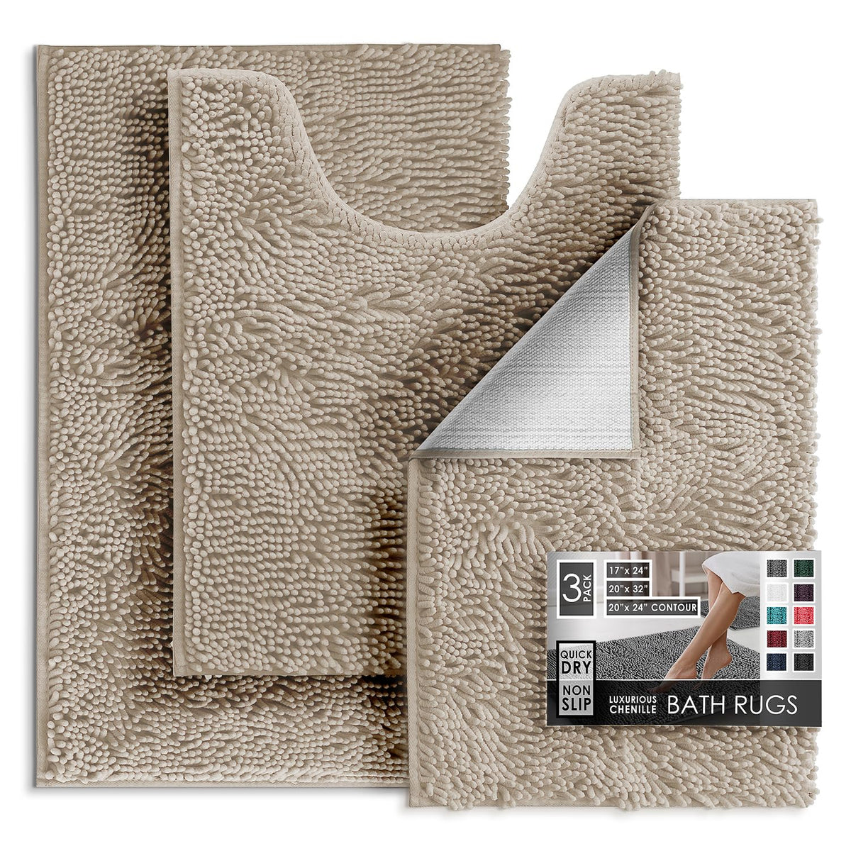 Hearth & Harbor Bathroom Rugs, Chenille Bath Mat - Machine Washable Bath Mats for Bathroom Non-Slip Backing Rubber, Quick Dry Bathroom Mat