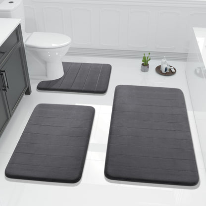 Yimobra Memory Foam Bath Mat Set 3 Pieces- Super Soft Absorbent Quick Dry Bathroom Rug Sets, Machine Washable Non Slip Floor Carpet for Tub Shower, Vanity & Toilet Base, Gray