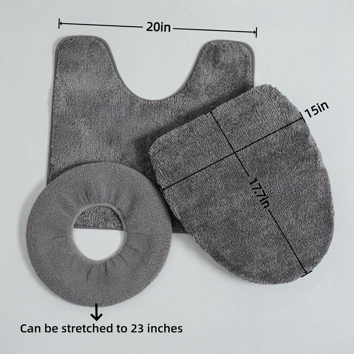 3piece Toilet Seat Cover Set - Toilet Seat Cover +Toilet Lid Cover + toilet rugs u shaped washable, Fits Most Elongated Round and Oblong Toilet(Machine Washable,Quick-Dry) grey