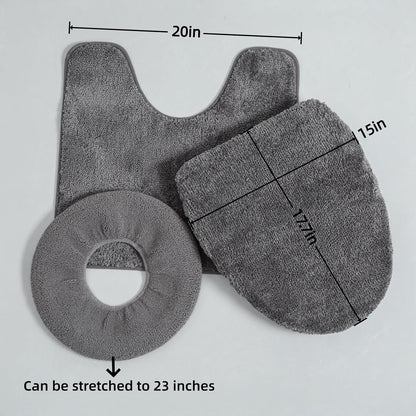 3piece Toilet Seat Cover Set - Toilet Seat Cover +Toilet Lid Cover + toilet rugs u shaped washable, Fits Most Elongated Round and Oblong Toilet(Machine Washable,Quick-Dry) grey