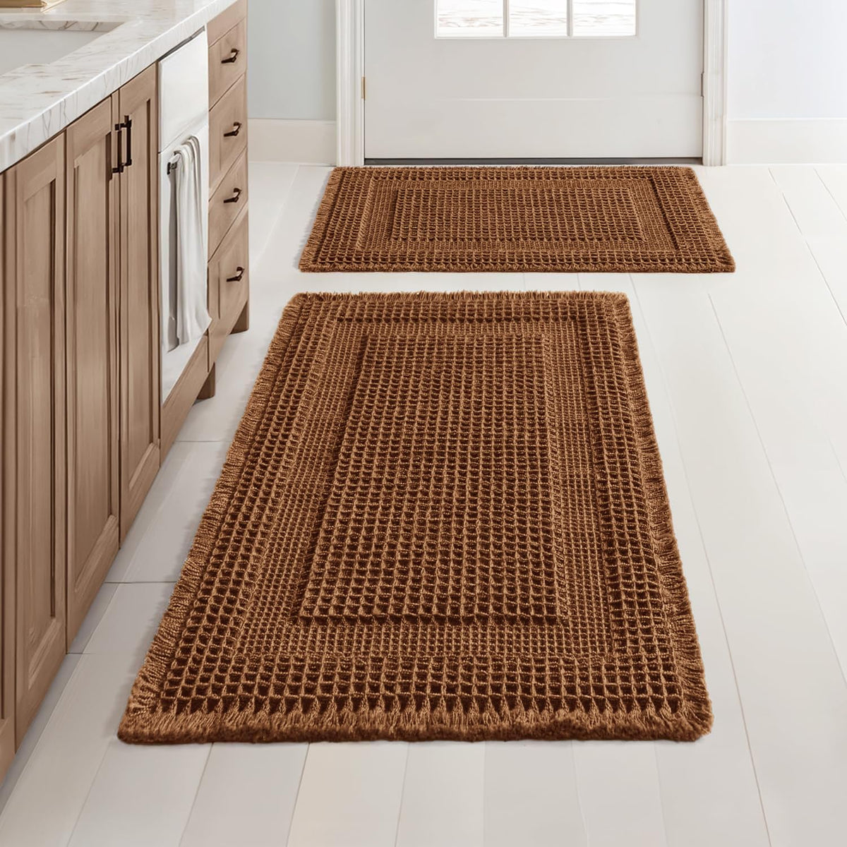 MIULEE Set of 2 Waffle Bathroom Rugs Brown Boho Bath Mat 17x24+18x30 in