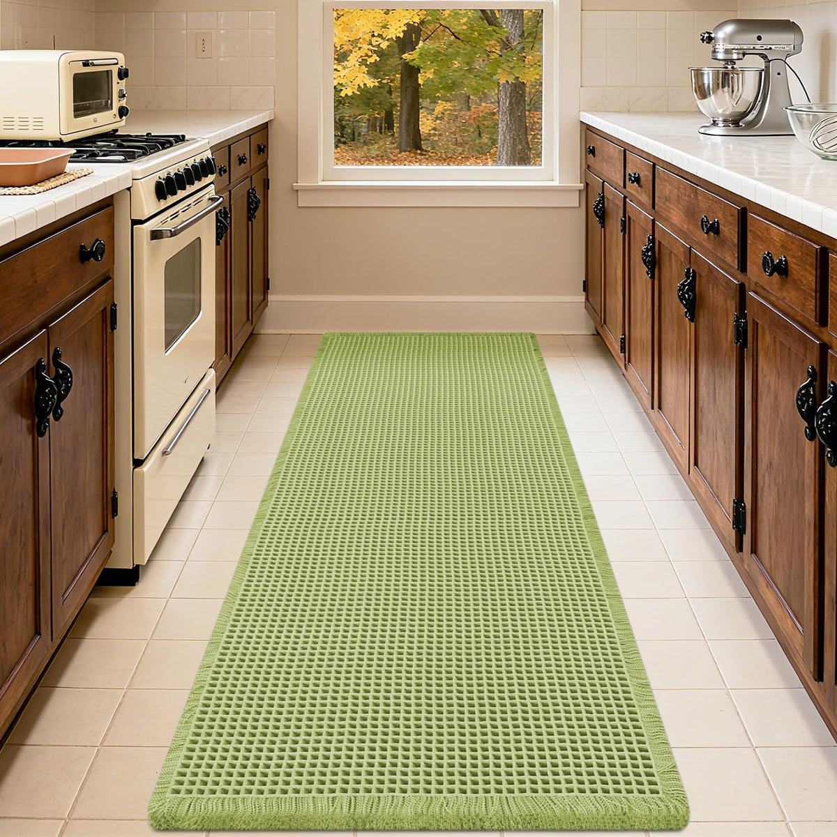 IM HOME Waffle Bath Mat Set 2 Piece Olive Green,Woven Modern Bath Rug Mats, Absorbent Non Slip Bath Floor Mat, Soft Washable Boho Bath Rugs with Tassels for Bathroom, Bedroom, Kitchen,Tub