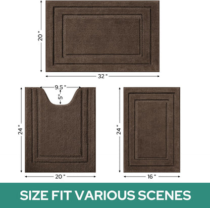 HOMEIDEAS Brown Bathroom Rugs Set of 3, Non Slip Bath Mats