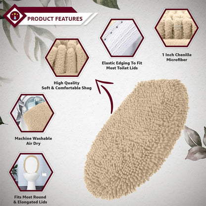 LuxUrux Toilet Lid Cover with Stretch Fit Elastic Band – Chenille Microfiber Toilet Seat Non-Slip Cover for Bathroom – Soft Plush, Machine Wash And Dry, Comfort & Clean Look (18 x 18'', Birch)