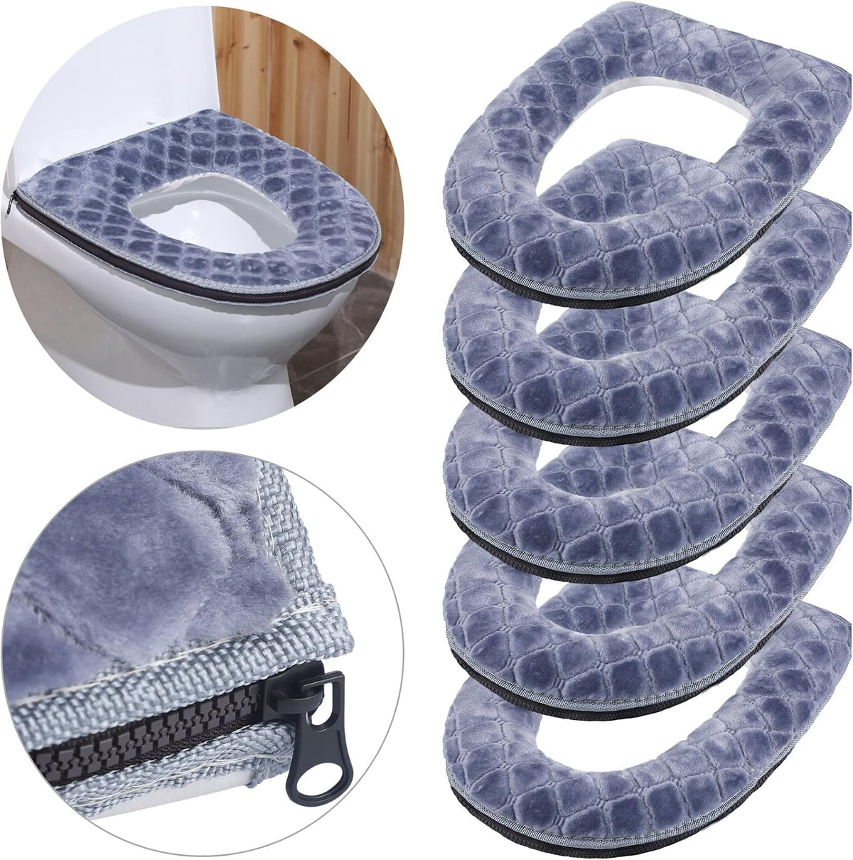 Drydiet 5 Pcs Toilet Seat Cover with Zipper, Washable Warmer Winter Pad