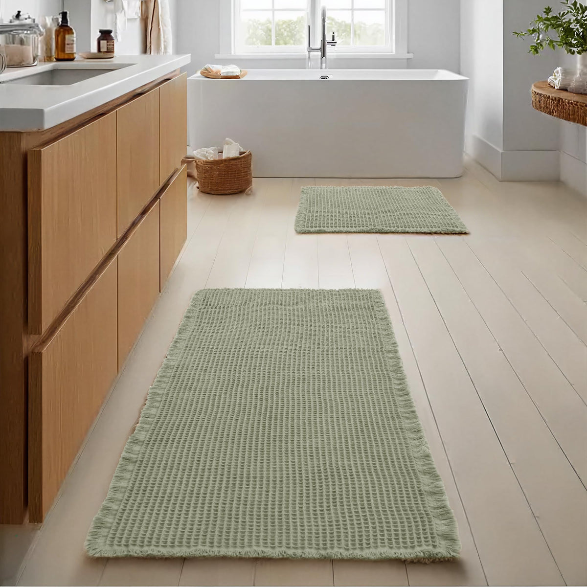 JIUZHEN Set of 2 Waffle Bath Mats Boho Bath Rugs 16"x24"+20"x32", Brown