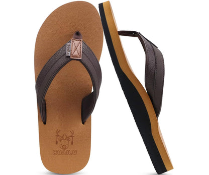 KuaiLu Mens Faux Leather Flip Flops with Comfortable Arch Support