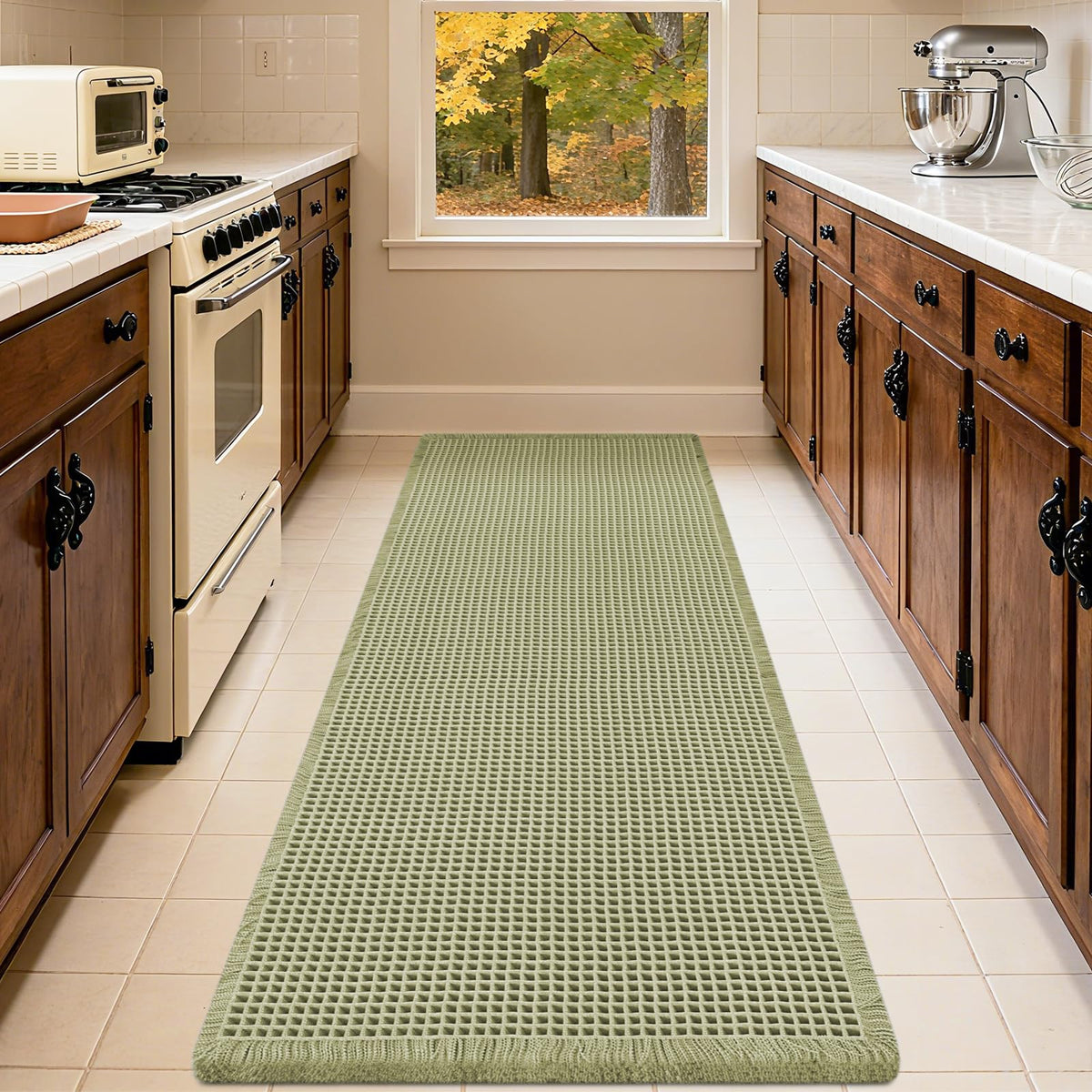 IM HOME Waffle Bath Mat Set 2 Piece Olive Green,Woven Modern Bath Rug Mats, Absorbent Non Slip Bath Floor Mat, Soft Washable Boho Bath Rugs with Tassels for Bathroom, Bedroom, Kitchen,Tub