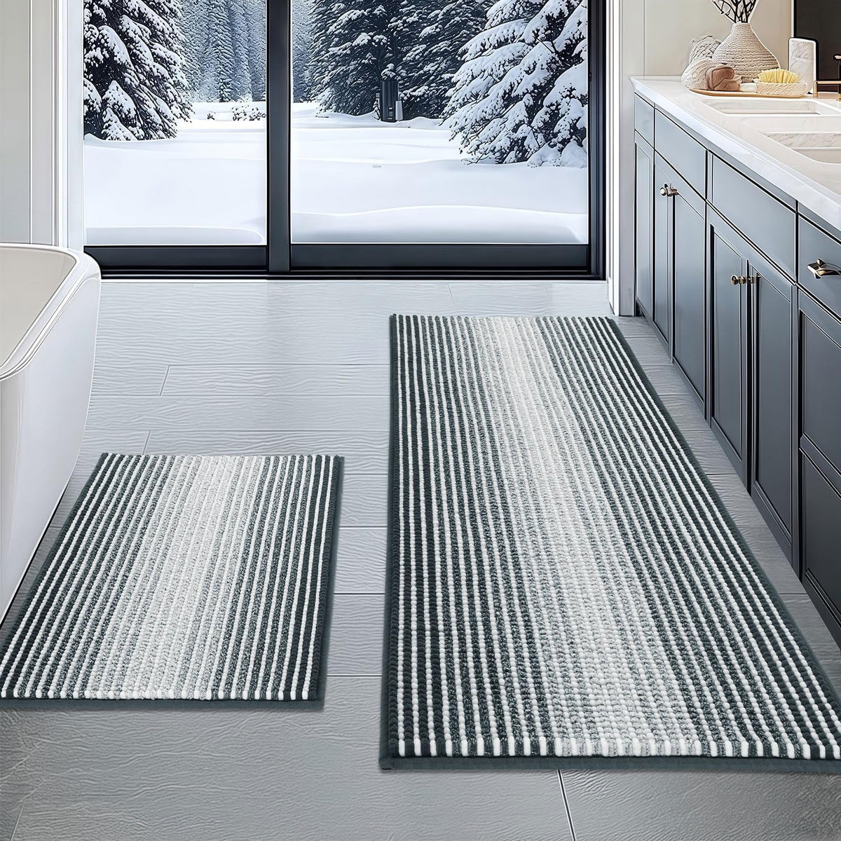 BSICPRO Bathroom Rugs Sets 2 Piece, Non Slip Striped Bath Mats, Sage