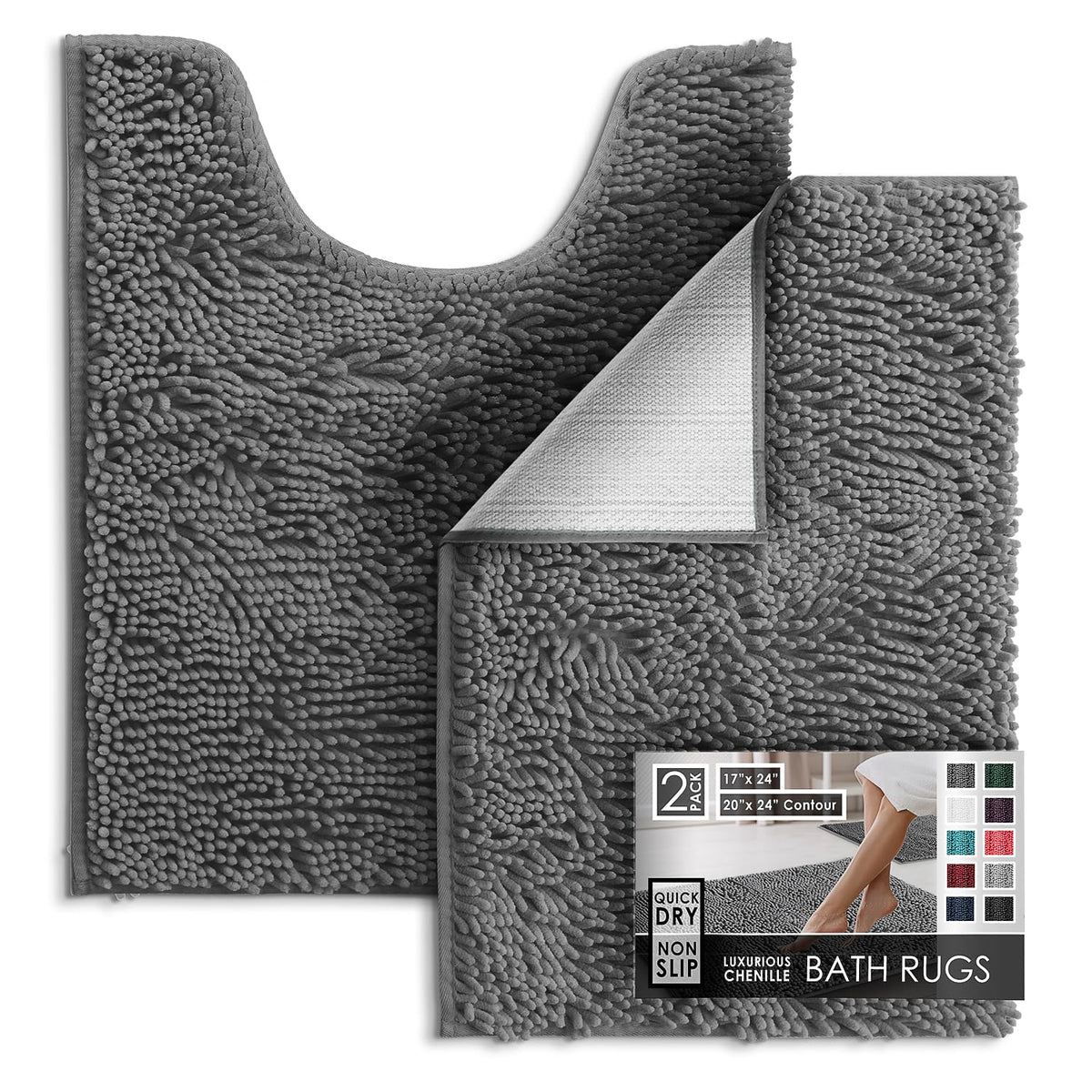 Hearth & Harbor Bathroom Rugs, Chenille Bath Mat - Machine Washable Bath Mats for Bathroom Non-Slip Backing Rubber, Quick Dry Bathroom Mat