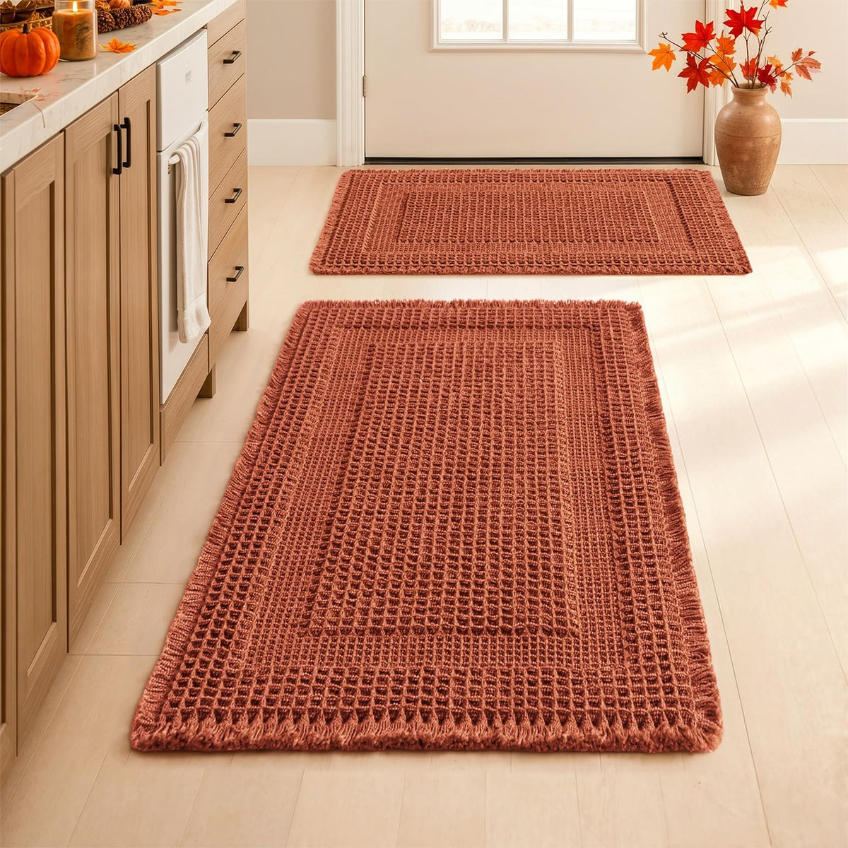 MIULEE Set of 2 Waffle Bathroom Rugs Brown Boho Bath Mat 17x24+18x30 in