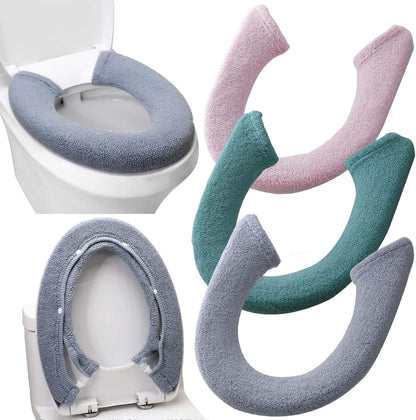 3Pack Toilet Seat Cover,Bathroom Soft Thicker Warmer with Snaps Fixed Stretchable Washable Fiber Cloth Toilet Seat Covers Pads (Gray,Pink,Green)