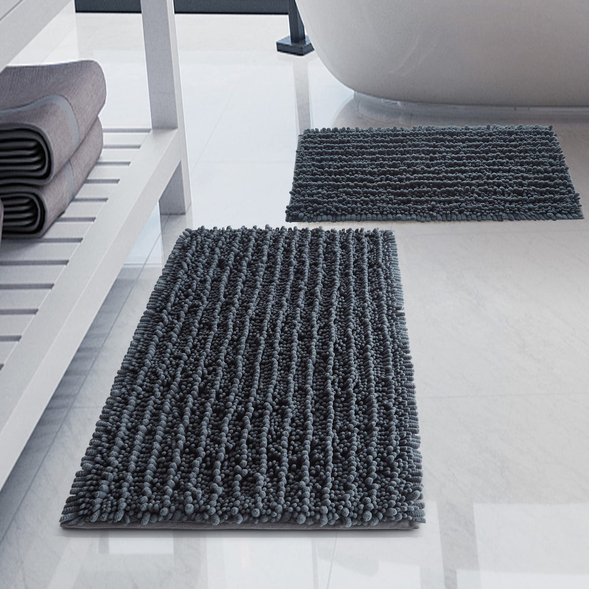 Luxury Chenille White Bathroom Rugs Sets 2 Piece, Thickened Hot Melt Rubber Bottom Bath Mats for Bathroom Non Slip,Bath Rugs Quick Dry Machine Washable for Shower Mat (32"x20"+17"x24")