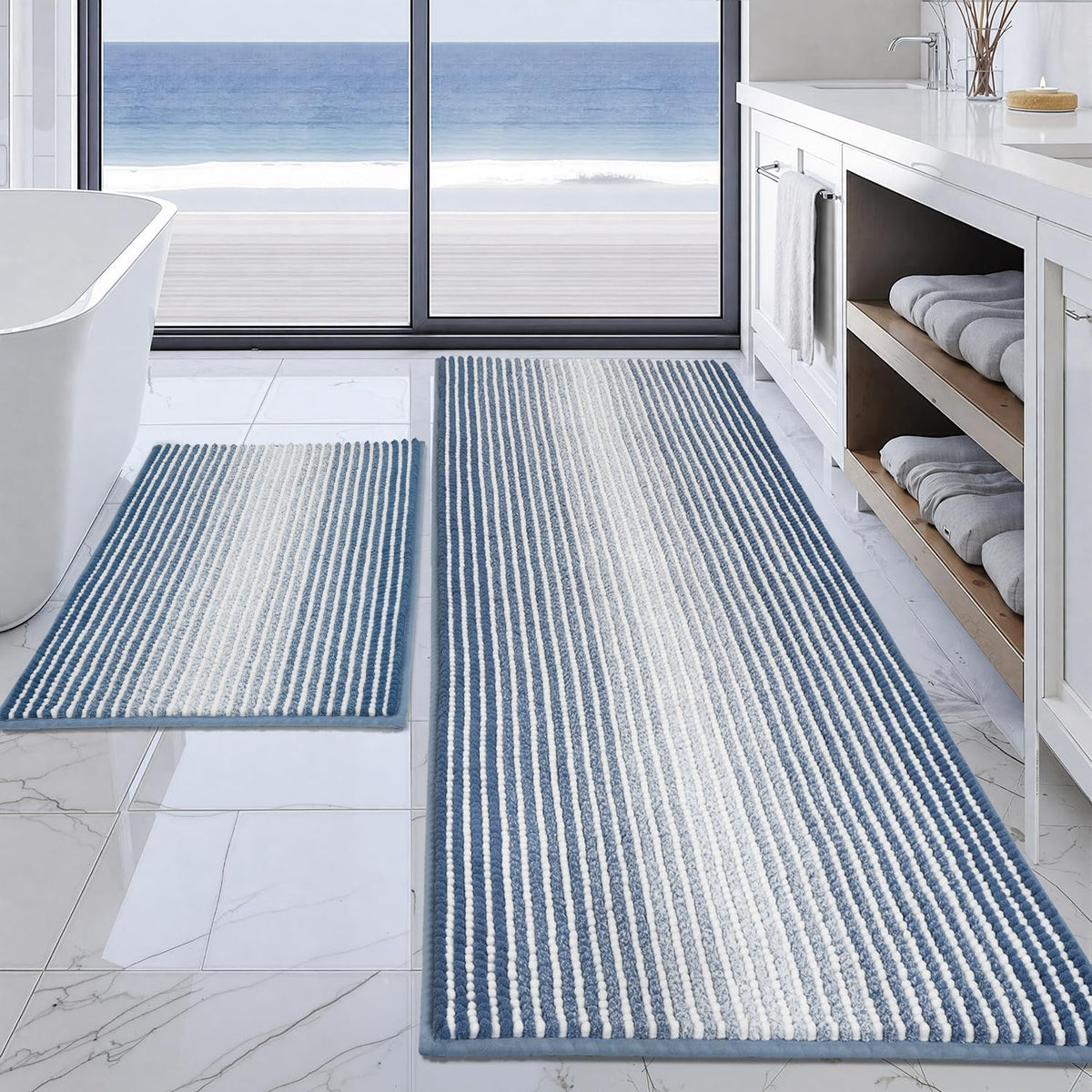 BSICPRO Bathroom Rugs Sets 2 Piece, Non Slip Striped Bath Mats, Fog Blue