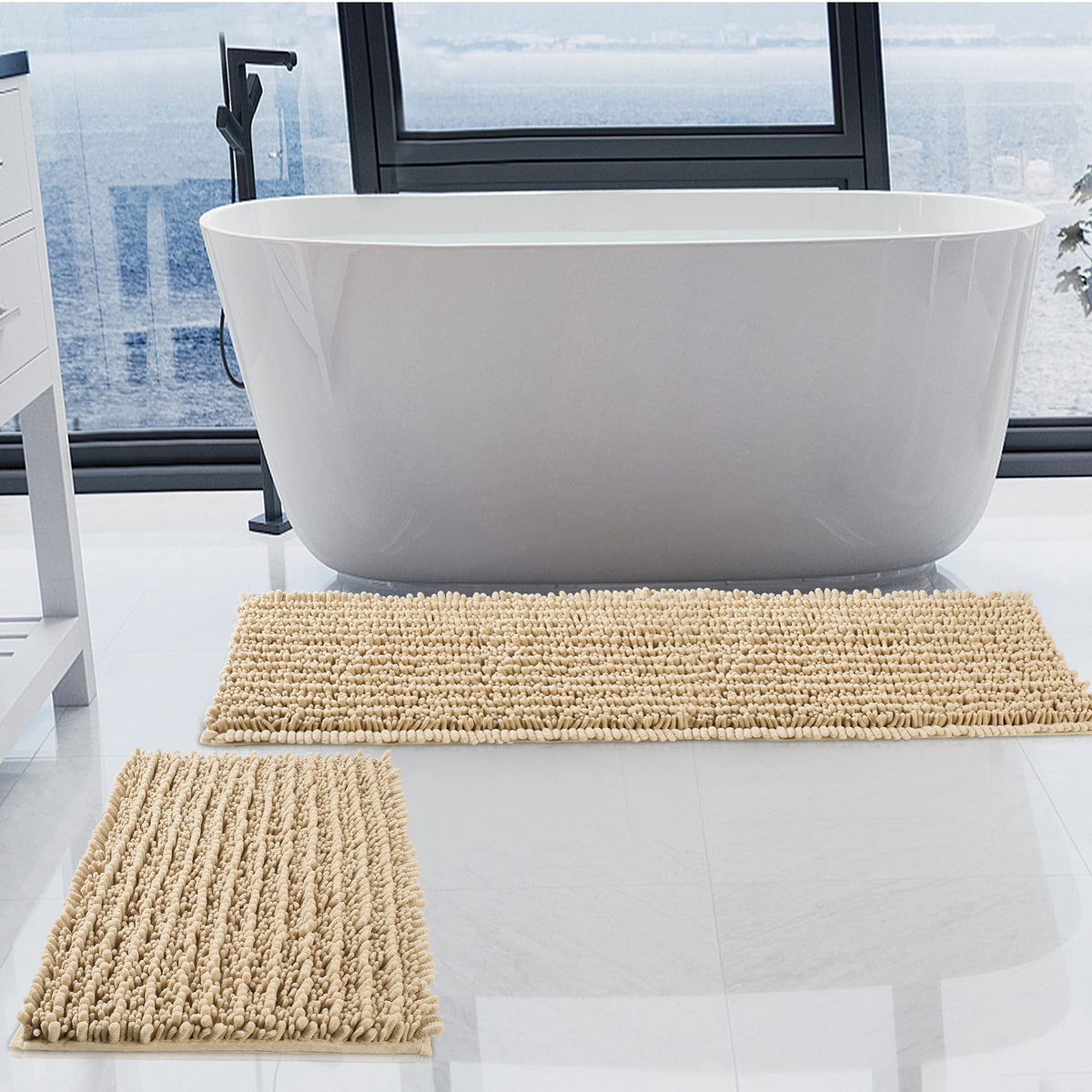 Luxury Chenille White Bathroom Rugs Sets 2 Piece, Thickened Hot Melt Rubber Bottom Bath Mats for Bathroom Non Slip,Bath Rugs Quick Dry Machine Washable for Shower Mat (32"x20"+17"x24")