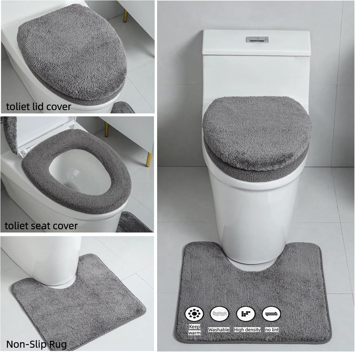 3piece Toilet Seat Cover Set - Toilet Seat Cover +Toilet Lid Cover + toilet rugs u shaped washable, Fits Most Elongated Round and Oblong Toilet(Machine Washable,Quick-Dry) grey