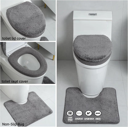 3piece Toilet Seat Cover Set - Toilet Seat Cover +Toilet Lid Cover + toilet rugs u shaped washable, Fits Most Elongated Round and Oblong Toilet(Machine Washable,Quick-Dry) grey