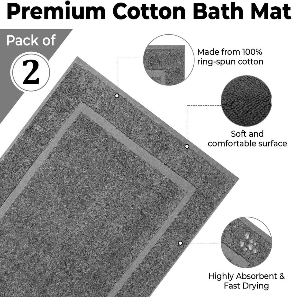 KAHAF COLLECTION Bath Mat Floor Towel Set - Absorbent Cotton Hotel Spa Shower/Bathtub Mats [Not a Bathroom Rug] 22"x34" Pack of 2