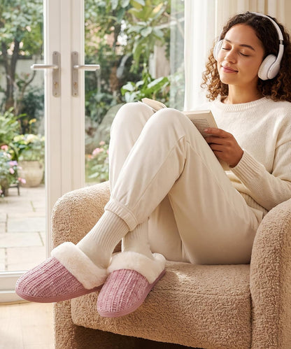 Evshine Women's Chenille Knit Fuzzy Slippers Memory Foam Warm House Shoes