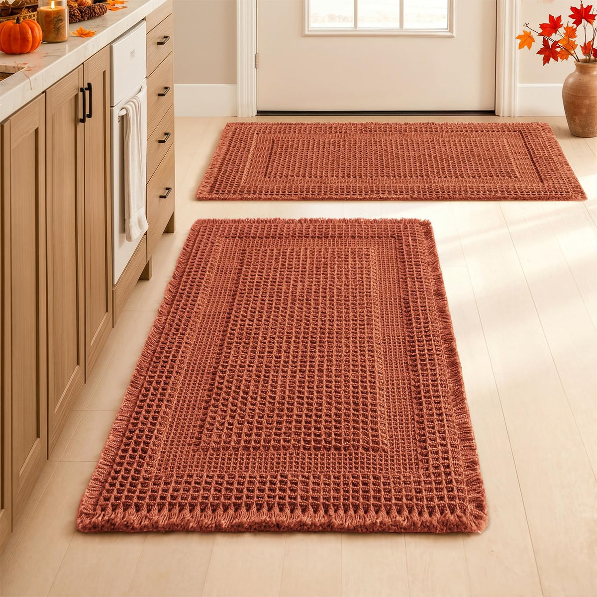 MIULEE Set of 2 Waffle Bathroom Rugs Brown Boho Bath Mat 17x24+18x30 in