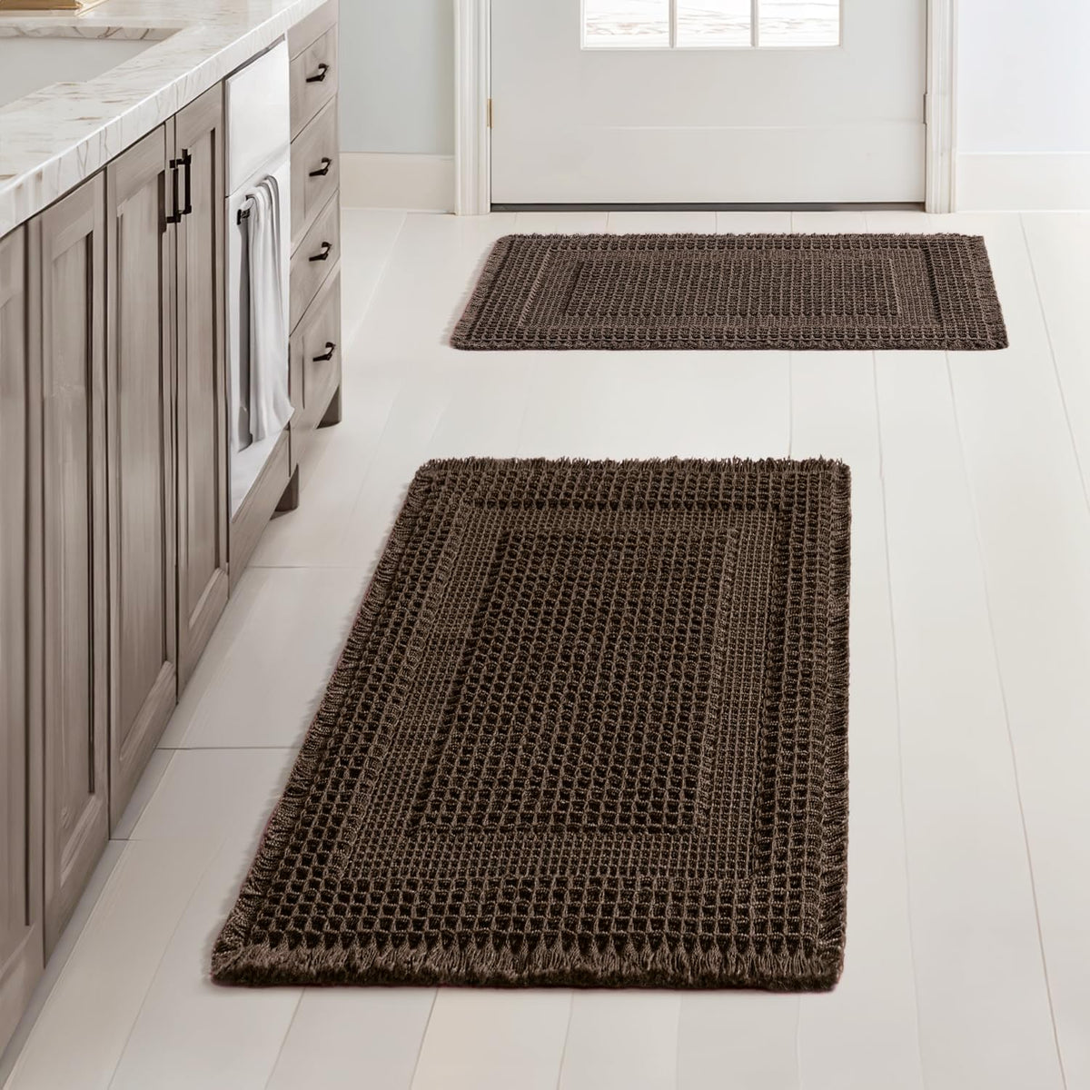 MIULEE Set of 2 Waffle Bathroom Rugs Brown Boho Bath Mat 17x24+18x30 in