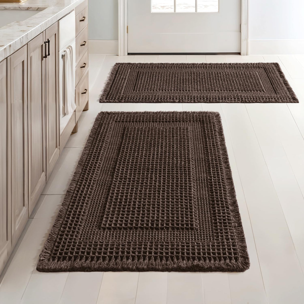 MIULEE Set of 2 Waffle Bathroom Rugs Brown Boho Bath Mat 17x24+18x30 in