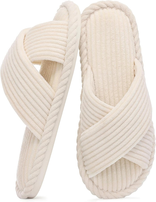 Evshine Corduroy Memory Foam Slippers for Women Cozy Open Toe House Shoes