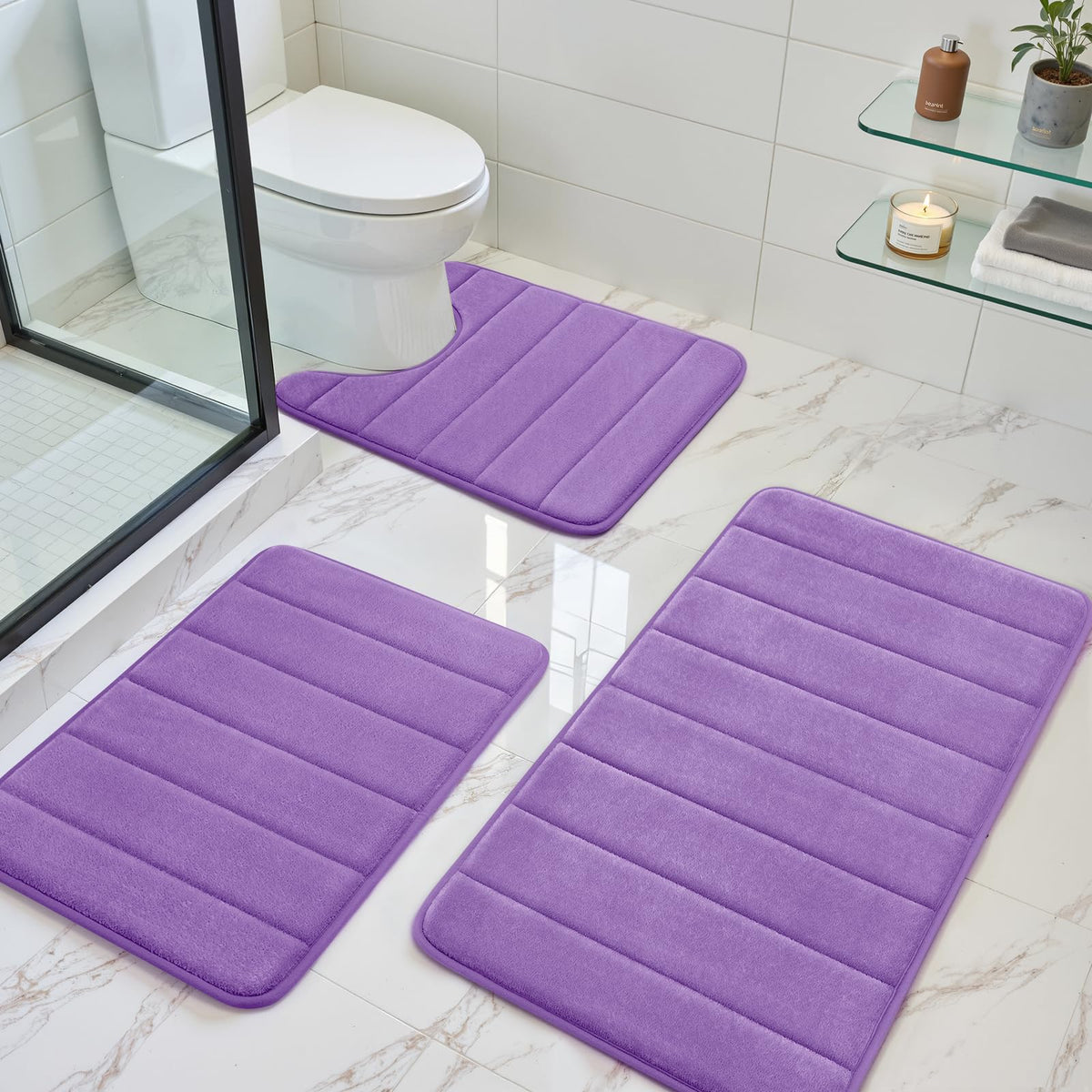 BYSURE Black Memory Foam Bathroom Rug Set 3 Piece 17"x24"+20"x32"+U Shape 20"x24"