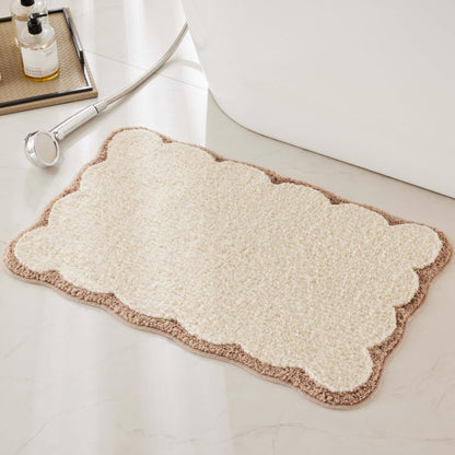 Luxury Microfiber Bathroom Rugs, White Bath Rug with Blue Scalloped Piping Cute Aesthetic Preppy Bath Mat for Bathroom, Tub, Floor Carpet, Sink, Shower, Anti Slip, Absorbent, 32x20