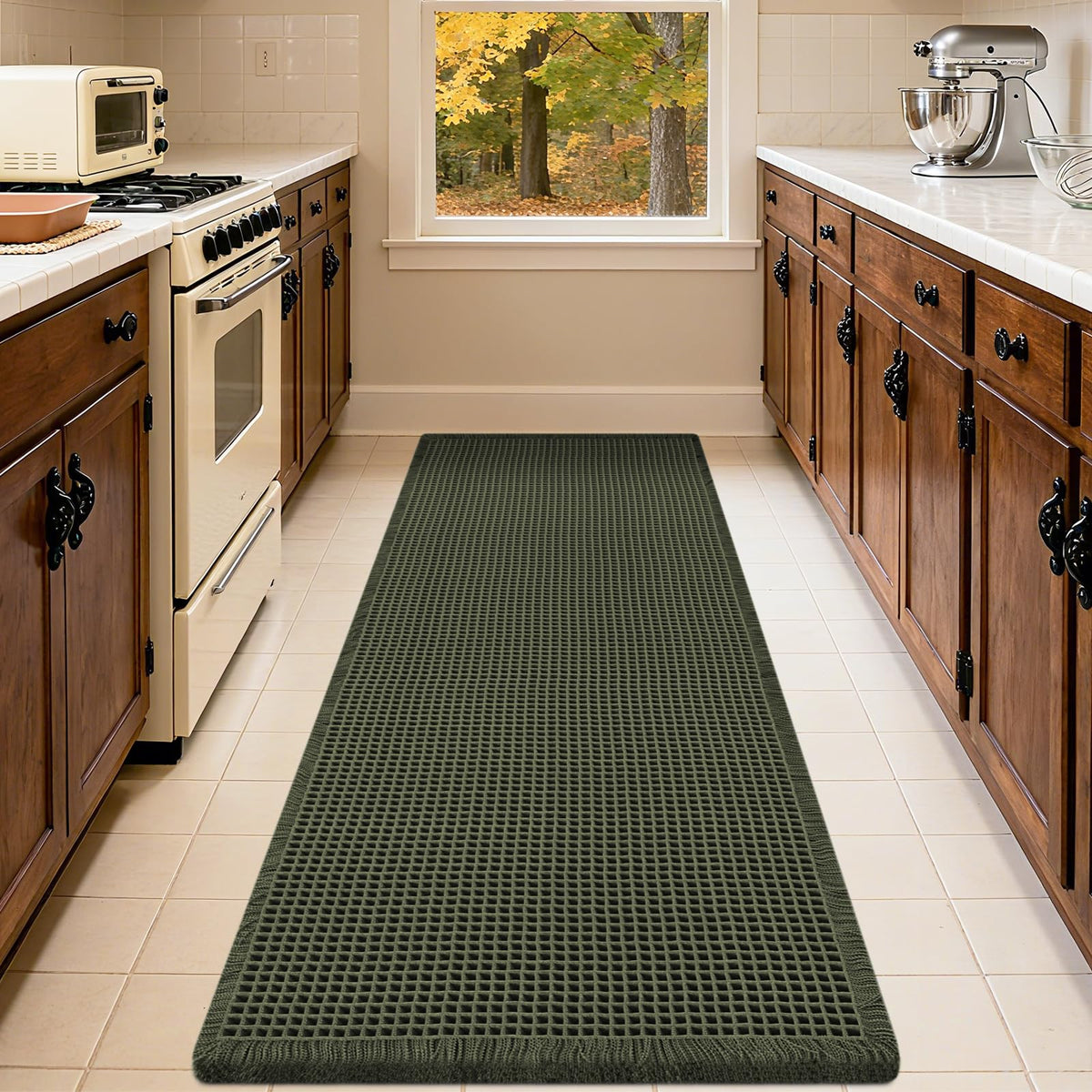 IM HOME Waffle Bath Mat Set 2 Piece Olive Green,Woven Modern Bath Rug Mats, Absorbent Non Slip Bath Floor Mat, Soft Washable Boho Bath Rugs with Tassels for Bathroom, Bedroom, Kitchen,Tub