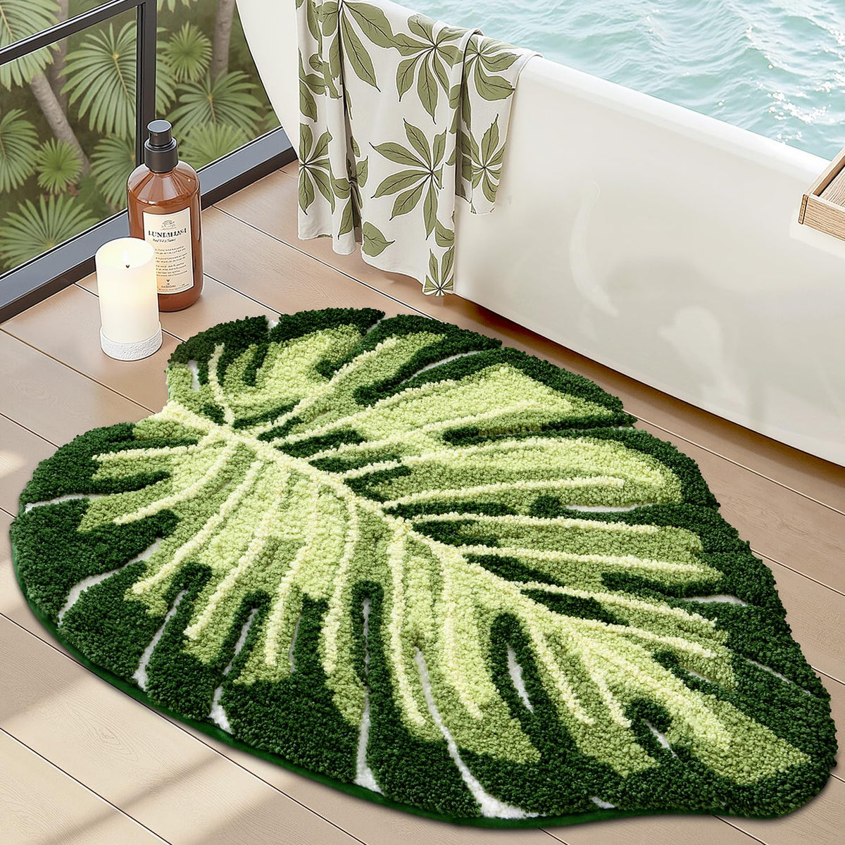 LUMI Bathroom Rug Green Leaf, Absorbent Non Slip Bath Mat, 31.5"x47"