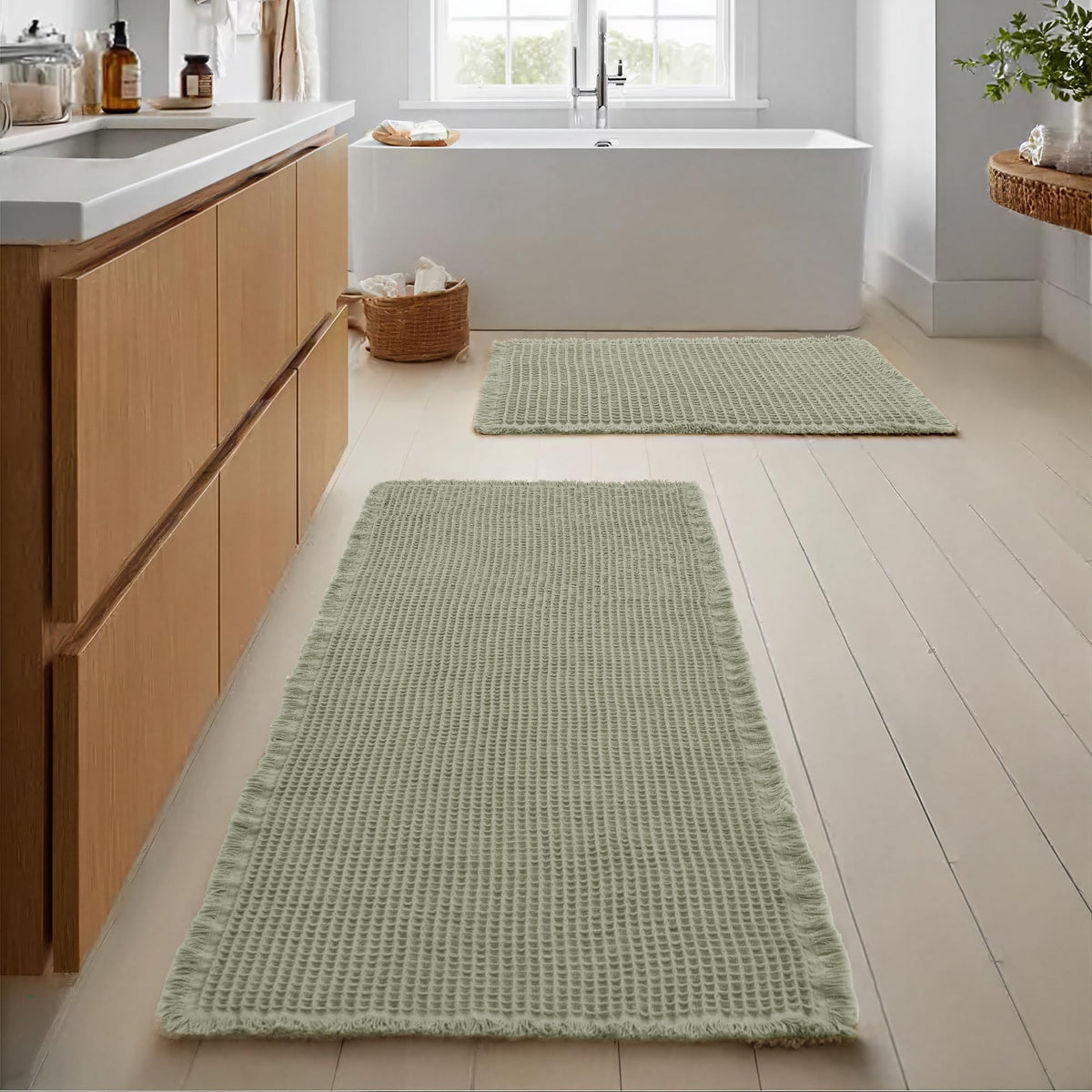 JIUZHEN Set of 2 Waffle Bath Mats Boho Bath Rugs 16"x24"+20"x32", Brown