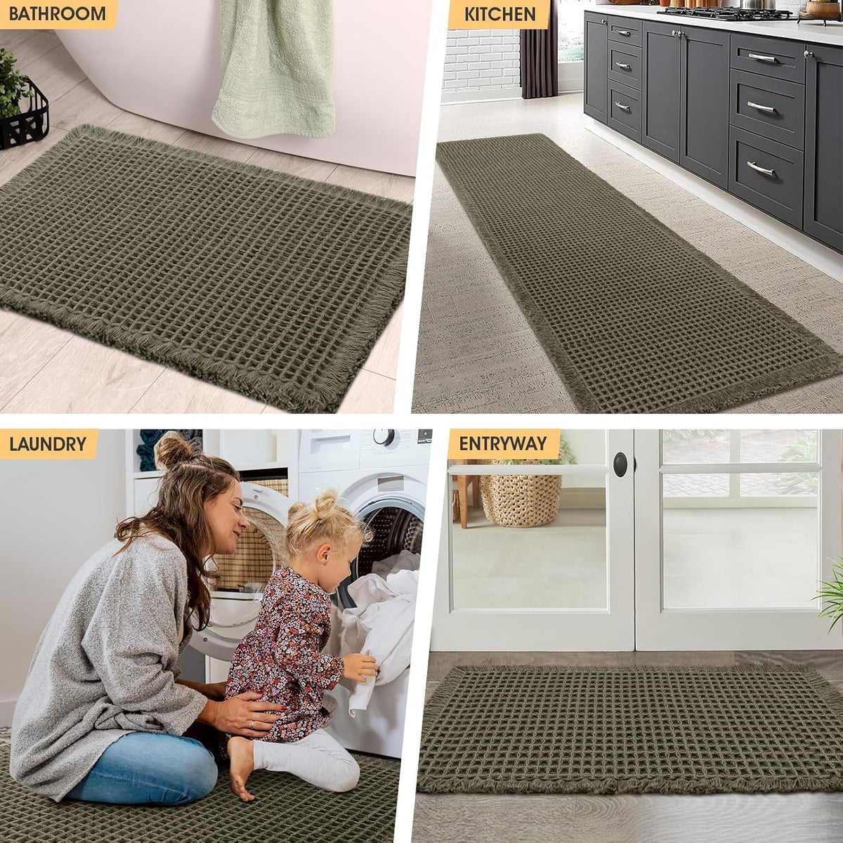 IM HOME Waffle Bath Mat Set 2 Piece Olive Green,Woven Modern Bath Rug Mats, Absorbent Non Slip Bath Floor Mat, Soft Washable Boho Bath Rugs with Tassels for Bathroom, Bedroom, Kitchen,Tub