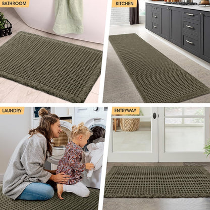 IM HOME Waffle Bath Mat Set 2 Piece Olive Green,Woven Modern Bath Rug Mats, Absorbent Non Slip Bath Floor Mat, Soft Washable Boho Bath Rugs with Tassels for Bathroom, Bedroom, Kitchen,Tub