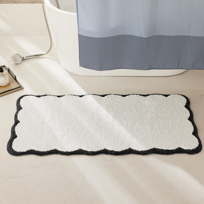 Luxury Microfiber Bathroom Rugs, White Bath Rug with Blue Scalloped Piping Cute Aesthetic Preppy Bath Mat for Bathroom, Tub, Floor Carpet, Sink, Shower, Anti Slip, Absorbent, 32x20