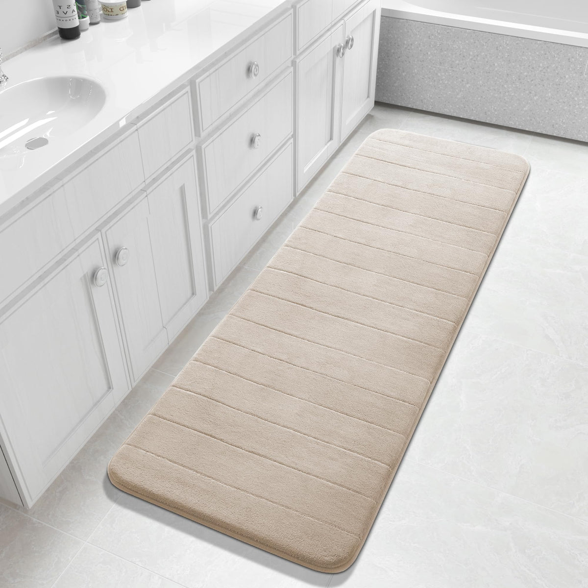 Yimobra Memory Foam Bath Mat, Super Soft Absorbent Bathroom Rug Non Slip, Quick Dry, Machine Washable Floor Carpet for Tub Shower, Home Decor Accessories, 24x17, Cream