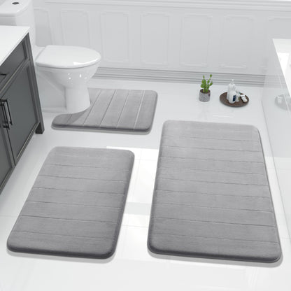 Yimobra Memory Foam Bath Mat Set 3 Pieces- Super Soft Absorbent Quick Dry Bathroom Rug Sets, Machine Washable Non Slip Floor Carpet for Tub Shower, Vanity & Toilet Base, Gray