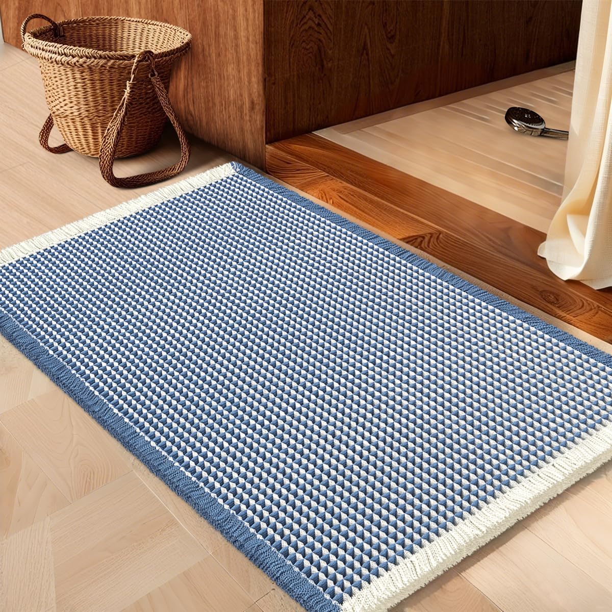 IM HOME Waffle Bath Mat Set 2 Piece Olive Green,Woven Modern Bath Rug Mats, Absorbent Non Slip Bath Floor Mat, Soft Washable Boho Bath Rugs with Tassels for Bathroom, Bedroom, Kitchen,Tub