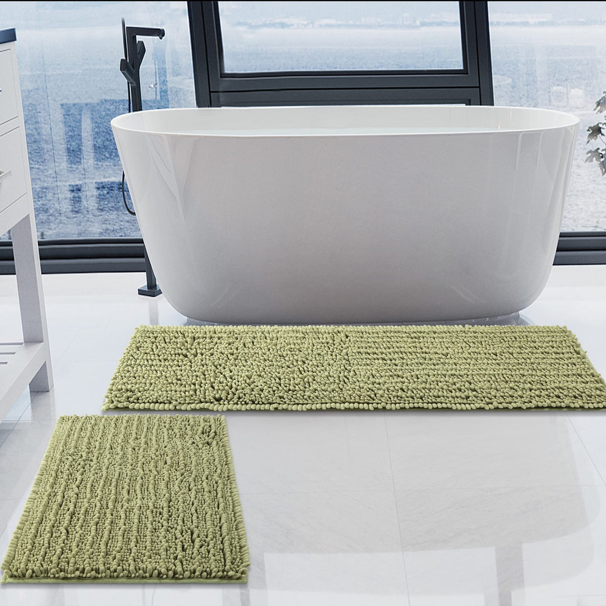 Luxury Chenille White Bathroom Rugs Sets 2 Piece, Thickened Hot Melt Rubber Bottom Bath Mats for Bathroom Non Slip,Bath Rugs Quick Dry Machine Washable for Shower Mat (32"x20"+17"x24")