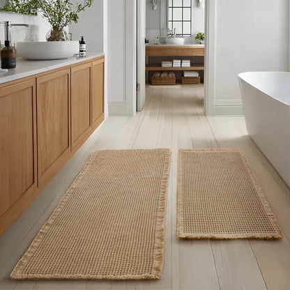 JIUZHEN Set of 2 Waffle Bath Mats Boho Bath Rugs 16"x24"+20"x32", Brown
